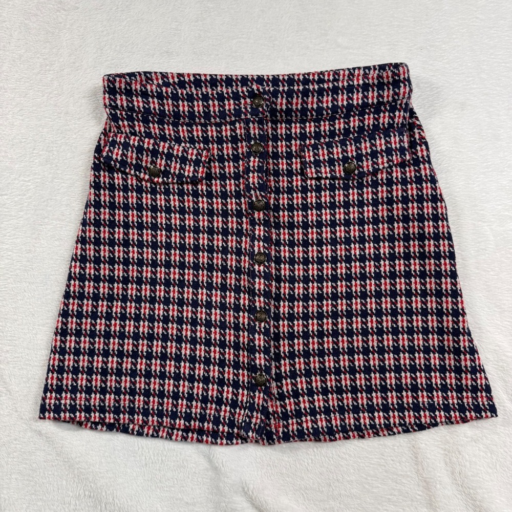 ModCloth M Navy Red Mini Skirt Houndstooth Hot Button Issue Knit A-Line Preppy